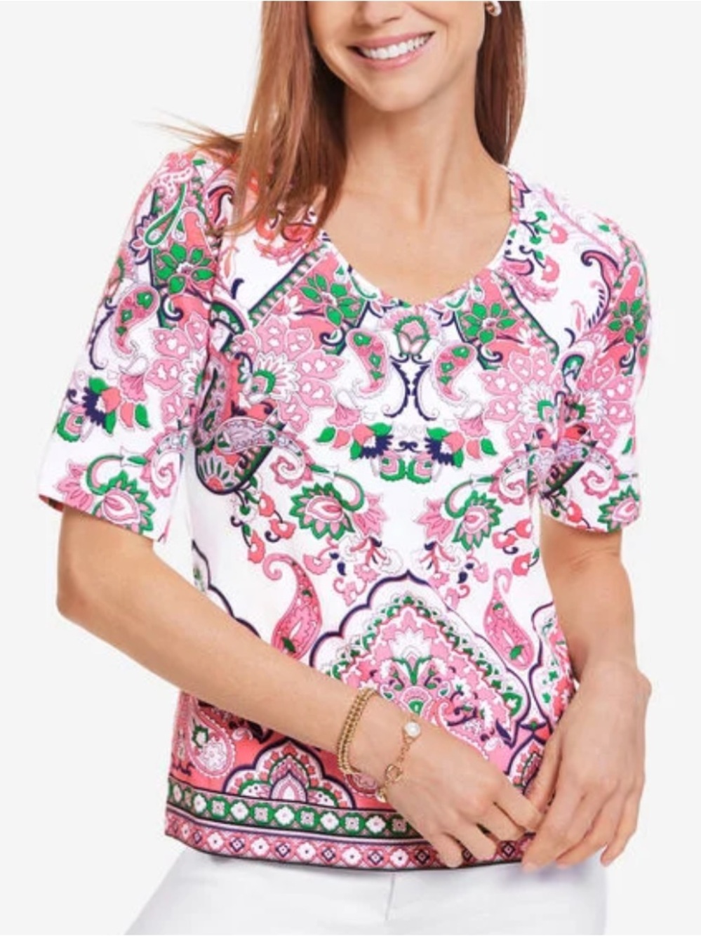 Talbots Women L Cotton Blend Preppy Jubilant Paisley Elbow Sleeve V-Neck Tee